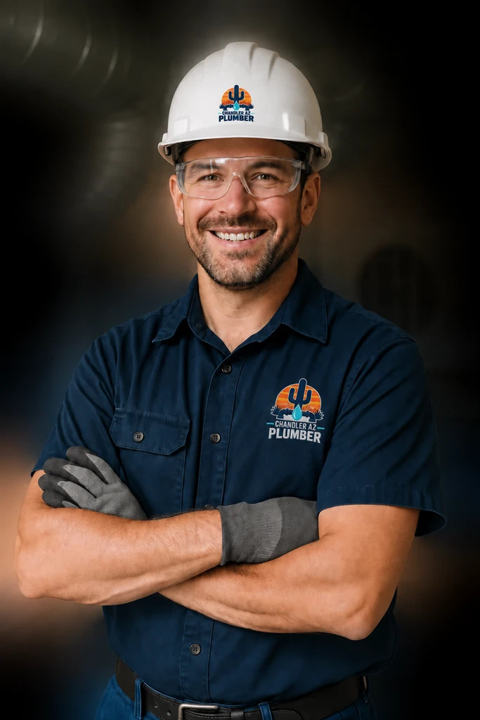 Plumber wearing a White Plains Plumber branded shirt and hard hat