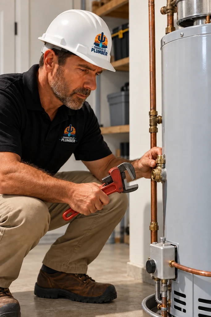 White Plains plumber inspecting a water heater with a pipe wrench